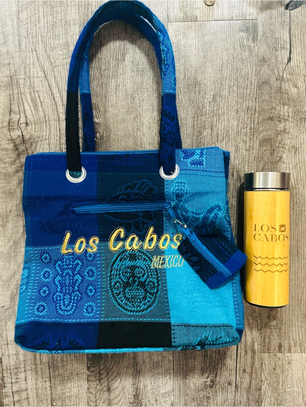 Los CABOS bag w/ matching coin purse & Bamboo travel thermos w/ LC encryption